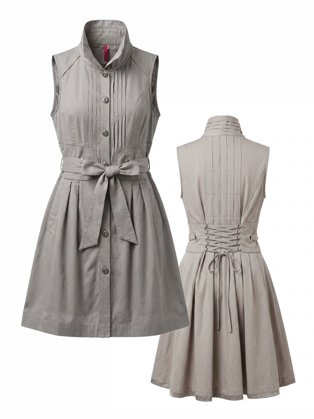 Victorian Grey Corset Back Pintuck Utility Sleeveless Shirt Dress Belted L
